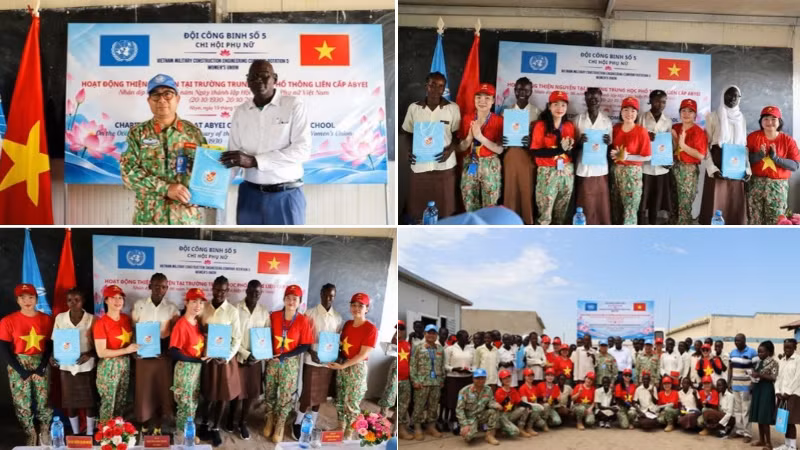 El Equipo de Ingenieros Nº. 5 de Vietnam en Unisfa entrega regalos a la Escuela Secundaria Inter-Nivel de Abyei y a alumnos destacados. (Foto: Duc Uy)