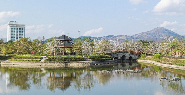 Las flores ban engalanan el parque Vo Thi Sau, barrio de Dien Bien Phu. El lugar también atrae a numerosos visitantes.