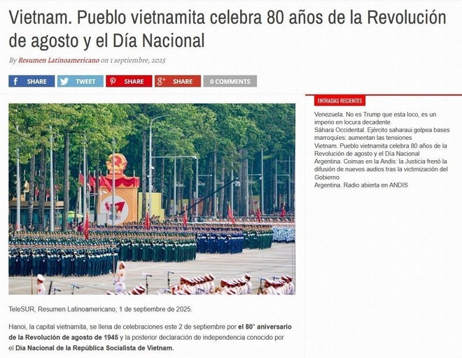 Captura de pantalla del artículo sobre la celebración del 80 aniversario de la Revolución de Agosto y el Día Nacional 2 de Septiembre del pueblo vietnamita. (Foto: VNA) Captura de pantalla del artículo sobre la celebración del 80 aniversario de la Revolución de Agosto y el Día Nacional 2 de Septiembre del pueblo vietnamita. (Foto: VNA)