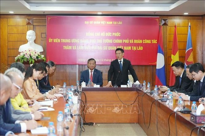 El viceprimer ministro Ho Duc Phoc habla en la embajada de Vietnam en Laos. (Foto: VNA)