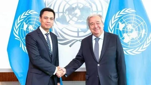 El embajador Dang Hoang Giang (izquierda), jefe de la misión permanente de Vietnam ante la ONU, se reúne con el secretario general de la institución multilateral, António Guterres. (Foto: VNA)