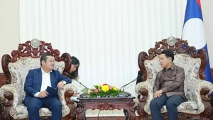 El presidente de Vinachem, Phung Quang Hiep (izquierda), se reúne con el vice primer ministro de Laos, Saleumxay Kommasith. (Fotografía: VNA)