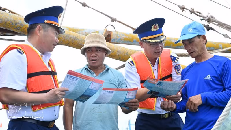 Las autoridades conciencian a los pescadores de la comuna de Long Hai, Ciudad Ho Chi Minh, sobre las normativas relativas a la pesca INDNR. (Foto: VNA)