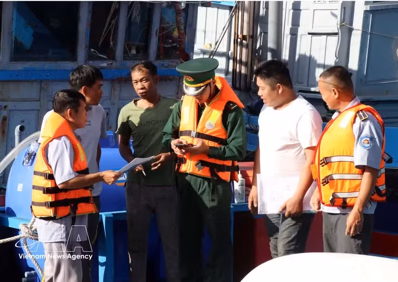 Las fuerzas de control fronterizo y gestión de puerto pesquero de Ca Na (provincia de Ninh Thuan) inspeccionan los documentos de las embarcaciones de los pescadores. (Foto: VNA)