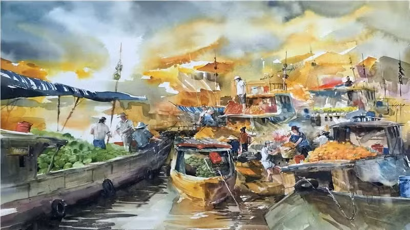 La obra de arte "Mercado flotante de Can Tho" del autor Pham Thanh Son.