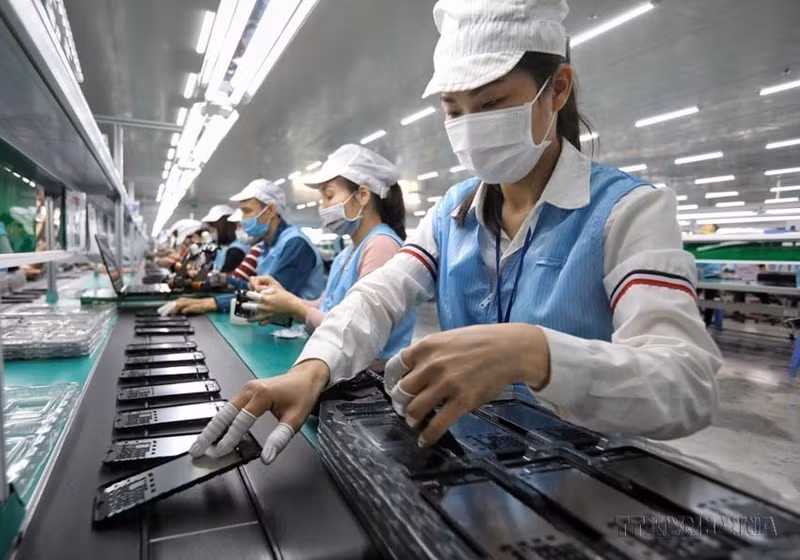 Las exportaciones vietnamitas a Nueva Zelanda incluyen teléfonos y componentes, computadoras, productos y componentes electrónicos, bienes acuáticos, anacardos y calzado. En la foto: Línea de producción en la empresa Sun Tech (Bac Giang). (Foto: VNA)