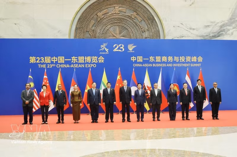 El viceprimer ministro permanente Pham Gia Tuc (quinto desde la izquierda) y los jefes de delegación de los países de la Asean y China posan para una foto grupal. (Foto: VNA)
