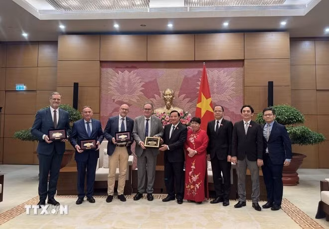 El vicepresidente de la Asamblea Nacional de Vietnam, Nguyen Khac Dinh, recibe a una delegación del Grupo de Amistad Francia-Vietnam del Senado francés, liderada por el senador Alain Cadec. (Foto: VNA)