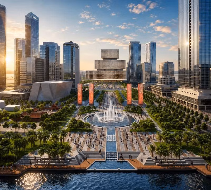 Vista en perspectiva del nuevo centro administrativo de la ciudad de Ho Chi Minh en la nueva zona urbana de Thu Thiem.