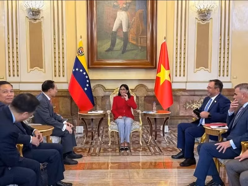 El miembro del Buró Político y ministro de Relaciones Exteriores de Vietnam, Le Hoai Trung, se reúne con la presidenta encargada Delcy Rodríguez Gómez. (Foto: VNA)