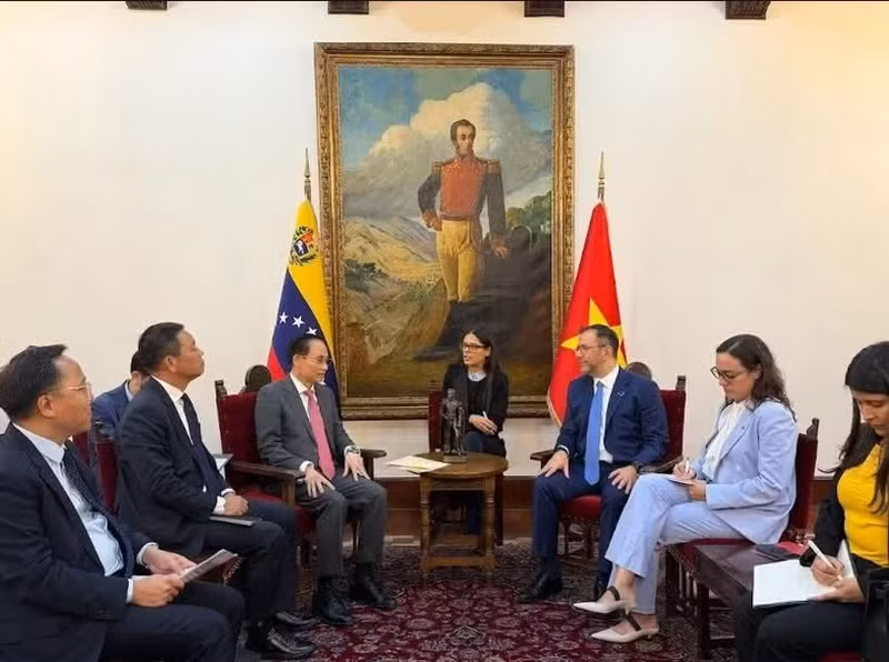 El miembro del Buró Político y ministro de Relaciones Exteriores de Vietnam, Le Hoai Trung, mantiene conversaciones con el ministro de Relaciones Exteriores de Venezuela, Yván Gil Pinto. (Foto: VNA)