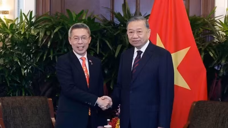 El secretario general del PCV y presidente de Vietnam, To Lam, recibe a Jonathan Yap, director ejecutivo de CapitaLand Group. (Foto: VNA)
