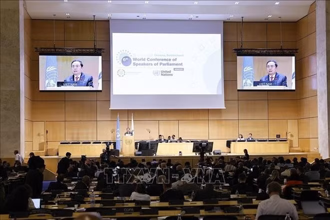 El presidente de la Asamblea Nacional de Vietnam, Tran Thanh Man, interviene en el debate general de la VI Conferencia Mundial de Presidentes de Parlamentos. (Foto: VNA)
