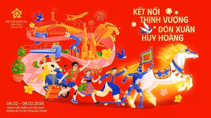 Con el lema "Conectando para la prosperidad-Dando la bienvenida a una primavera gloriosa", la primera Feria de Primavera de 2026 se llevará a cabo en el Centro Nacional de Exposiciones en Hanói. (Foto: VNA)