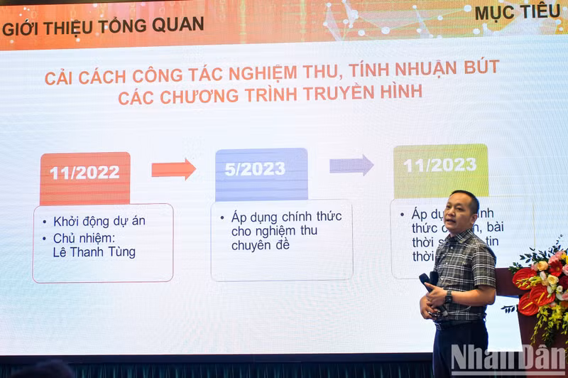 Le Thanh Tung, subdirector del Centro de Televisión de Nhan Dan, presenta la iniciativa "Sistema de aceptación de regalías en línea y resultados obtenidos". Le Thanh Tung, subdirector del Centro de Televisión de Nhan Dan, presenta la iniciativa "Sistema de aceptación de regalías en línea y resultados obtenidos".