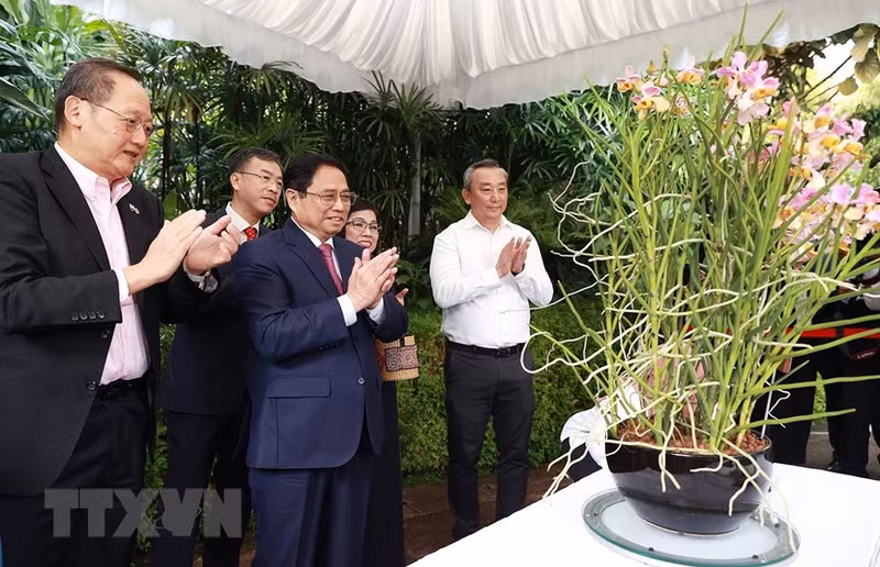 El primer ministro Pham Minh Chinh y su esposa colocan una placa con el nombre de la orquídea llamada Pham Le Tran Chinh.