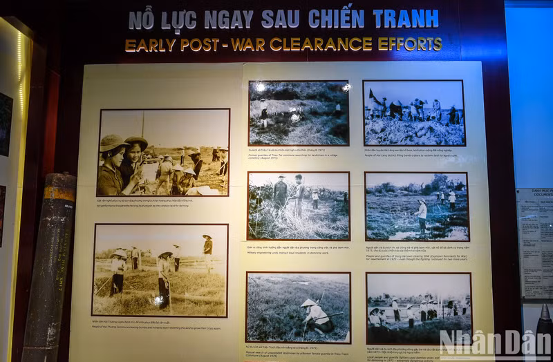 Las fotos relacionadas con el tema "Esfuerzos inmediatamente después de la guerra" muestran los esfuerzos por superar las consecuencias de los remanentes explosivos por parte del pueblo y las autoridades competentes desde 1973 utilizando instrumentos rudimentarios como palos de bambú, azadones, palas e incluso con las manos.