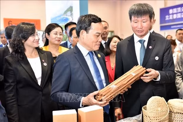 El viceprimer ministro Tran Luu Quang en el pabellón de Vietnam. (Foto: VNA)