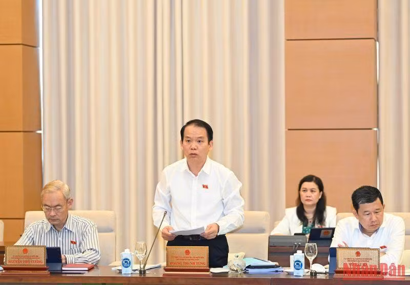 El jefe de la Comisión de Asuntos Jurídicos de la Asamblea Nacional, Hoang Thanh Tung, presenta un informe en la reunión.