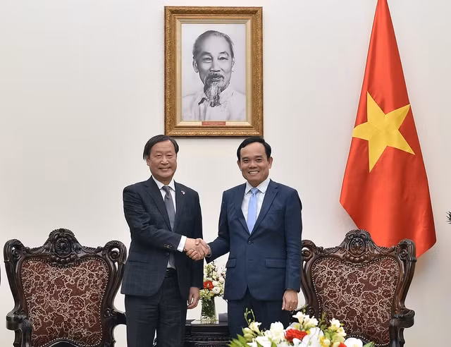 El viceprimer ministro Tran Luu Quang recibe al vicepresidente ejecutivo senior de la Agencia de Cooperación Internacional de Japón (JICA), Yamada Junichi. (Foto: baochinhphu.vn)