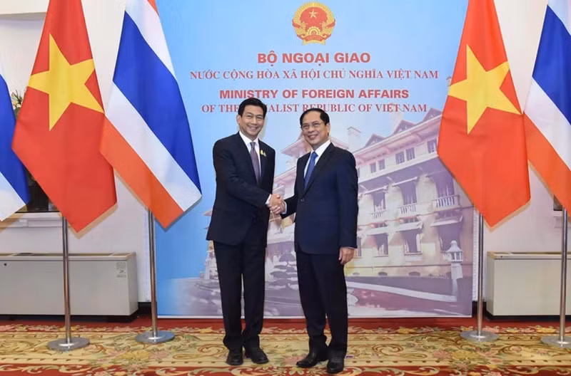 El ministro de Relaciones Exteriores de Vietnam, Bui Thanh Son, sostiene conversaciones con el viceprimer ministro y canciller tailandés, Parnpree Bahiddha-Nukara. 