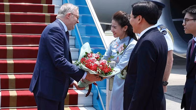 El primer ministro de Australia, Anthony Albanese, llaga al aeropuerto Noi Bai, an Hanói. (Fotografía: VNA)