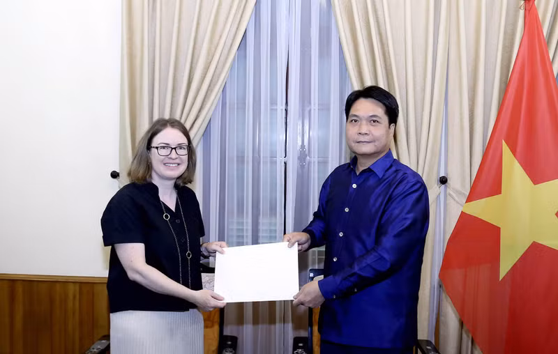 El jefe del Departamento de Protocolo del Ministerio de Relaciones Exteriores de Vietnam, Nguyen Viet Dung, y la embajadora de Irlanda en Hanói, Deirdre Ní Fhallúin.(Fotografía: baoquocte.vn)