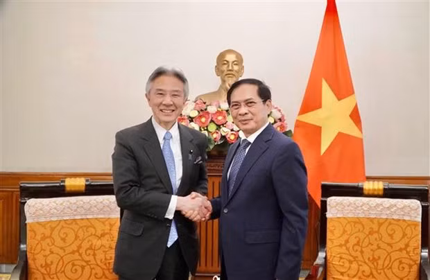 El ministro de Relaciones Exteriores de Vietnam, Bui Thanh Son, recibe al ministro japonés de Educación, Cultura, Deportes, Ciencia y Tecnología, Moriyama Masahito (Foto: VNA)