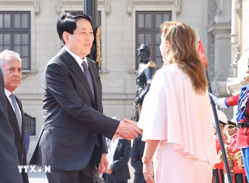 La presidenta peruana, Dina Ercilia Boluarte Zegarra, recibe a su par vietnamita, Luong Cuong.