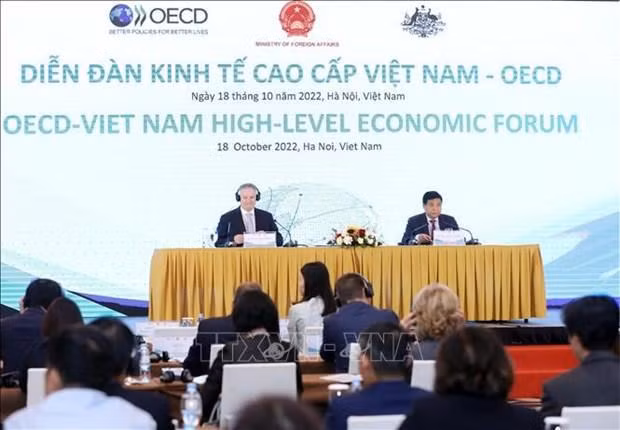 El secretario general de la OCDE, Mathias Cormann, y el ministro de Planificación e Inversión de Vietnam, Nguyen Chi Dung, copresiden el foro. (Foto: VNA)