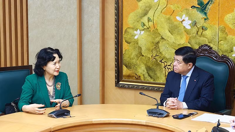 El viceprimer ministro vietnamita Nguyen Chi Dung dialoga con Tao Yitao, directora del Centro de Investigación de Zonas Económicas Especiales de China, adscrito a la Universidad de Shenzhen, en la provincia de Guangdong (Foto: VNA)