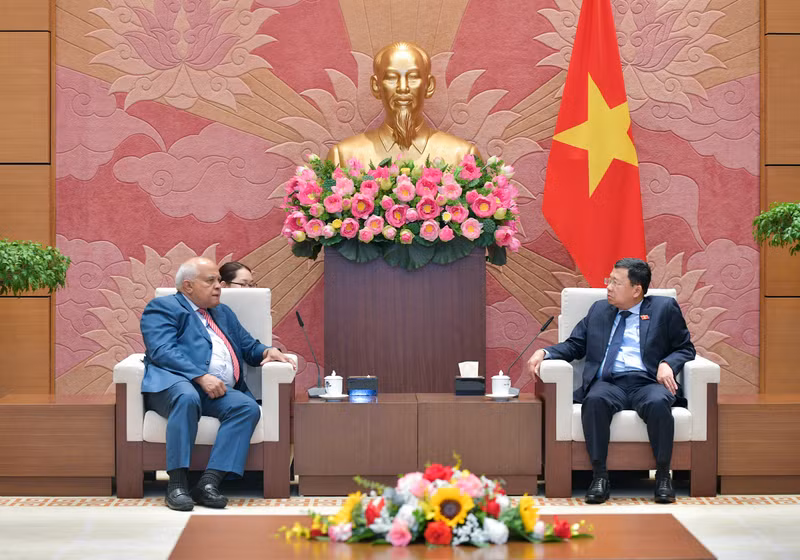 El presidente de la Comisión de Relaciones Exteriores de la Asamblea Nacional de Vietnam, Vu Hai Ha, recibe al embajador de Cuba en Hanói, Orlando Nicolás Hernández Guillén. (Fotografía: quochoi.vn)