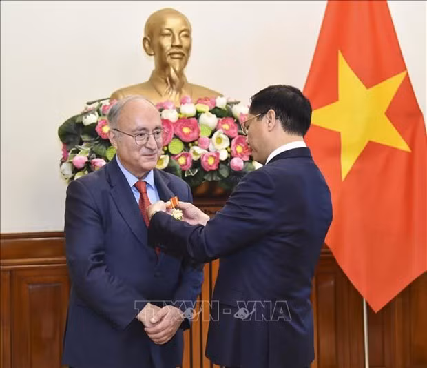 El ministro de Relaciones Exteriores de Vietnam, Bui Thanh Son, entrega la Orden de Amistad a Kambiz Ghawami (Fotografía: VNA)