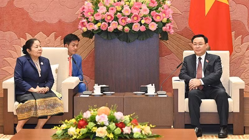 El presidente de la Asamblea Nacional de Vietnam, Vuong Dinh Hue, y Sisay Leudetmounsone, miembro del Buró Político, secretaria del Comité Central del PPRL y jefa de su Comisión de Organización. (Fotografía: VNA)