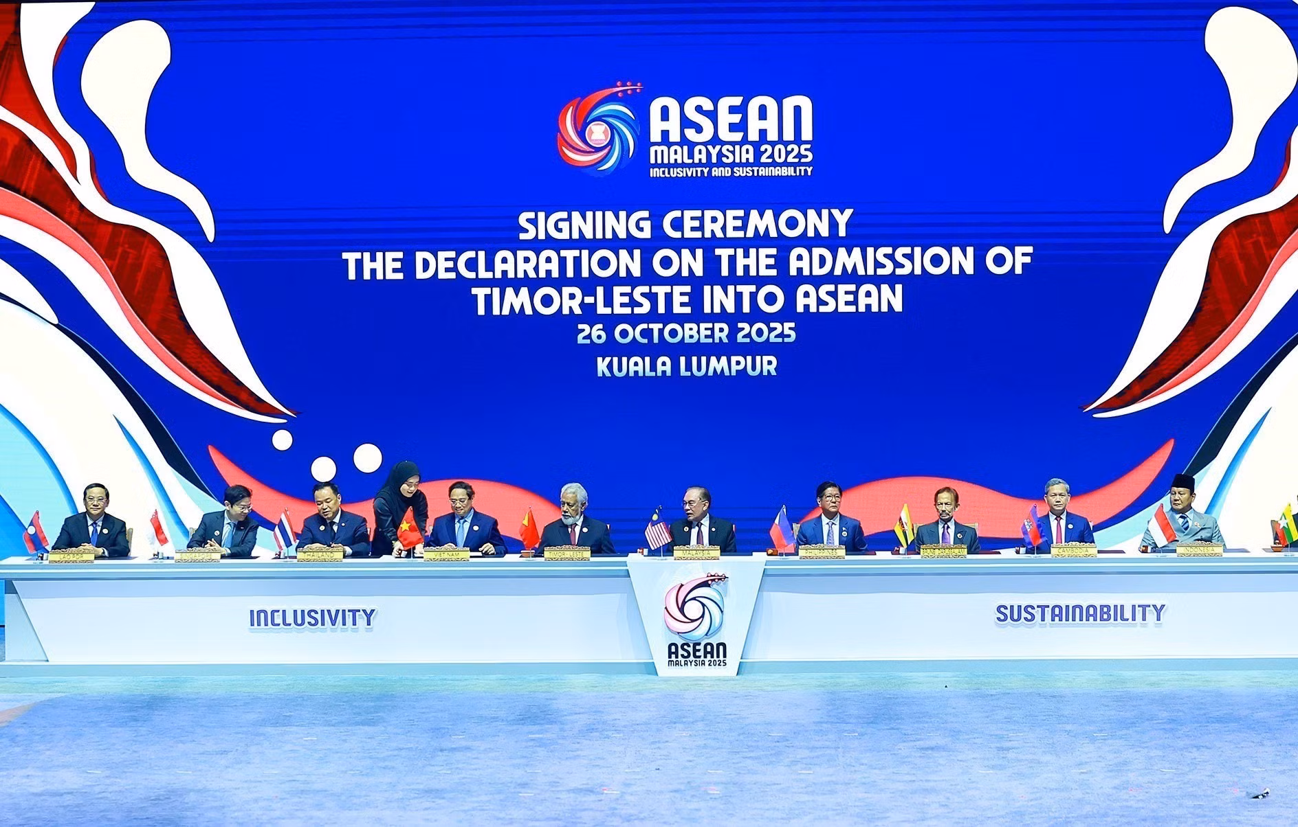 Escena del acto de firma de la Declaración sobre la Admisión de Timor Oriental a la Asean.