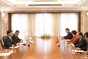 Vista del encuentro entre el ministro de Relaciones Exteriores de Vietnam, Le Hoai Trung, y el gobernador de la prefectura de Nara, Yamashita Makoto. (Foto: VNA)