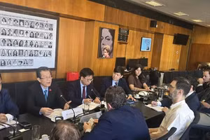 Le Hong Quang, miembro del Comité Central del Partido Comunista de Vietnam y subdirector de su Comisión de Asuntos Internos, durante su encuentro de trabajo con el Partido de los Trabajadores de Brasil (PT). (Foto: VNA)
