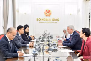 El viceministro Dang Hoang Giang y el viceministro Glenn Purves intercambian opiniones sobre las directrices para promover la Asociación Integral entre Vietnam y Canadá. (Foto: baoquocte.vn)