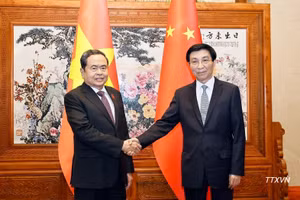 El presidente de la Asamblea Nacional de Vietnam, Tran Thanh Man (izquierda), se reúne con Wang Huning, titular del Comité Nacional de la Conferencia Consultiva Política del Pueblo Chino. (Foto: VNA)