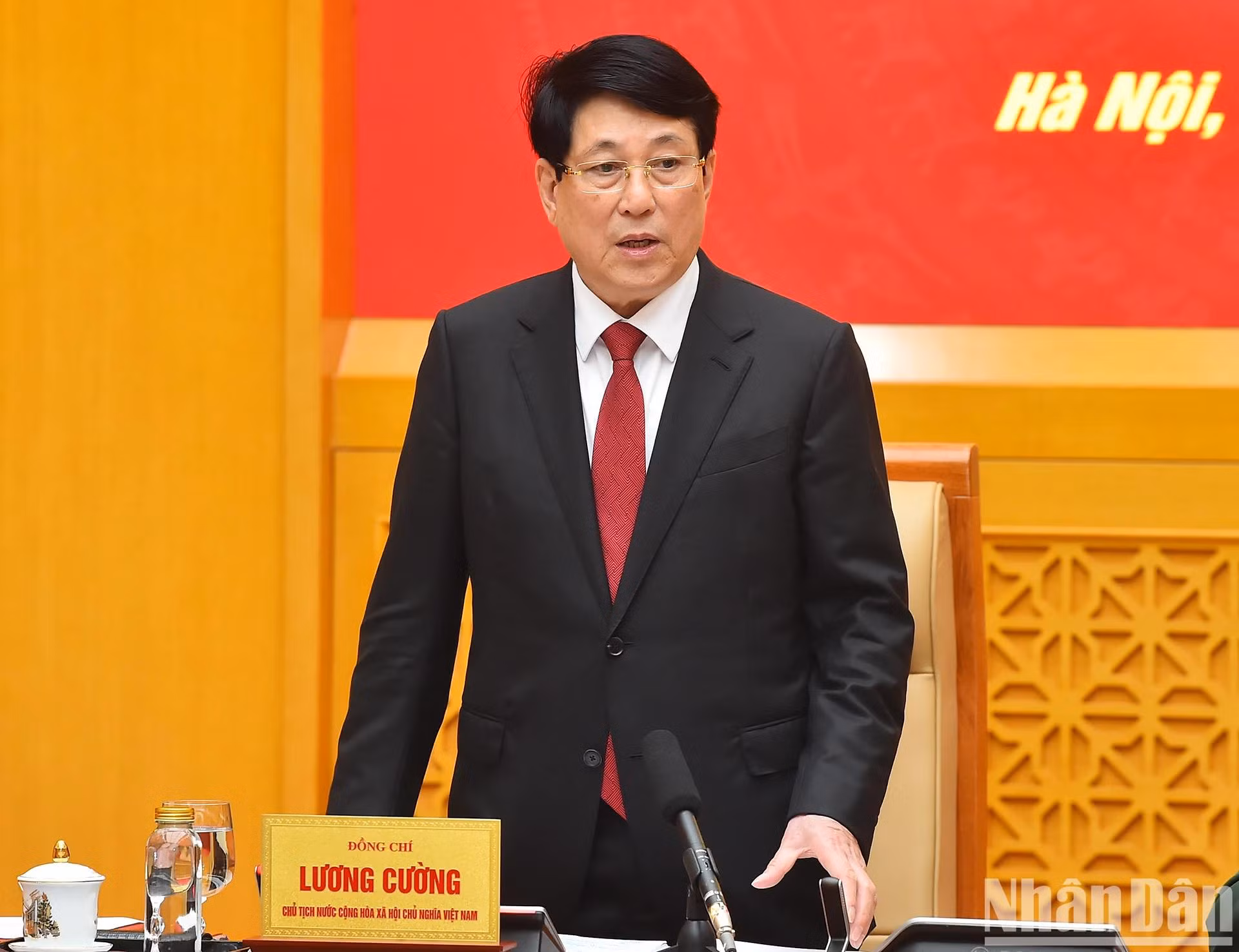 El presidente Luong Cuong pronuncia un discurso en la reunión.