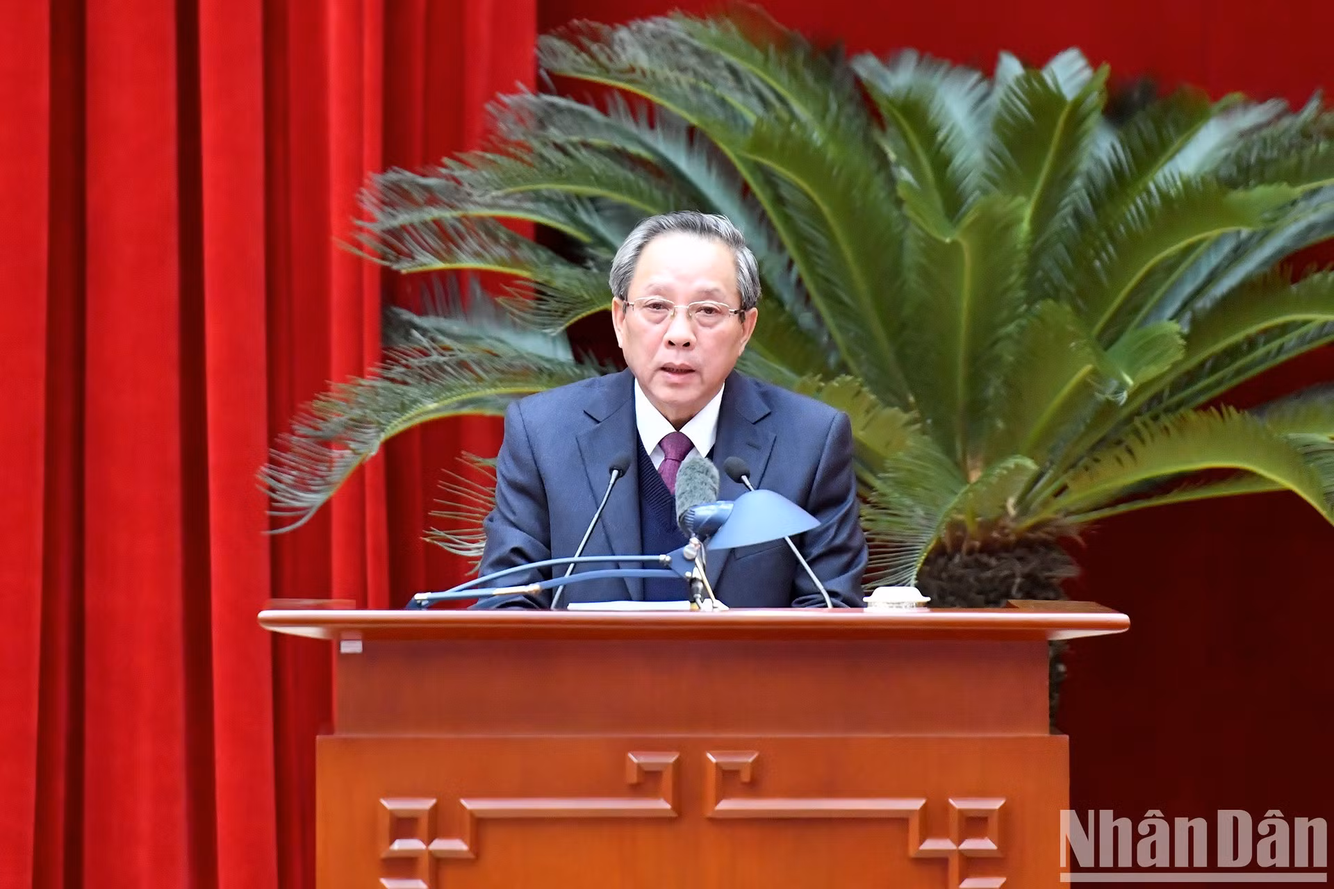 Hoang Dang Quang, vicepresidente del Buró Permanente de la Comisión de Organización del Comité Central del PCV, presenta un informe en la conferencia.