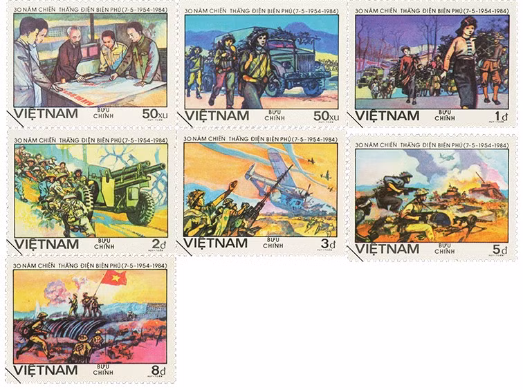 La serie de estampillas conmemorativas por el 30º aniversario de la Victoria de Dien Bien Phu, emitida el 7 de mayo de 1984, incluye siete sellos, de 1485 a 1491, que reproducen imágenes del ejército y el pueblo vietnamitas en la batalla de Dien Bien Phu. La serie de estampillas conmemorativas por el 30º aniversario de la Victoria de Dien Bien Phu, emitida el 7 de mayo de 1984, incluye siete sellos, de 1485 a 1491, que reproducen imágenes del ejército y el pueblo vietnamitas en la batalla de Dien Bien Phu.