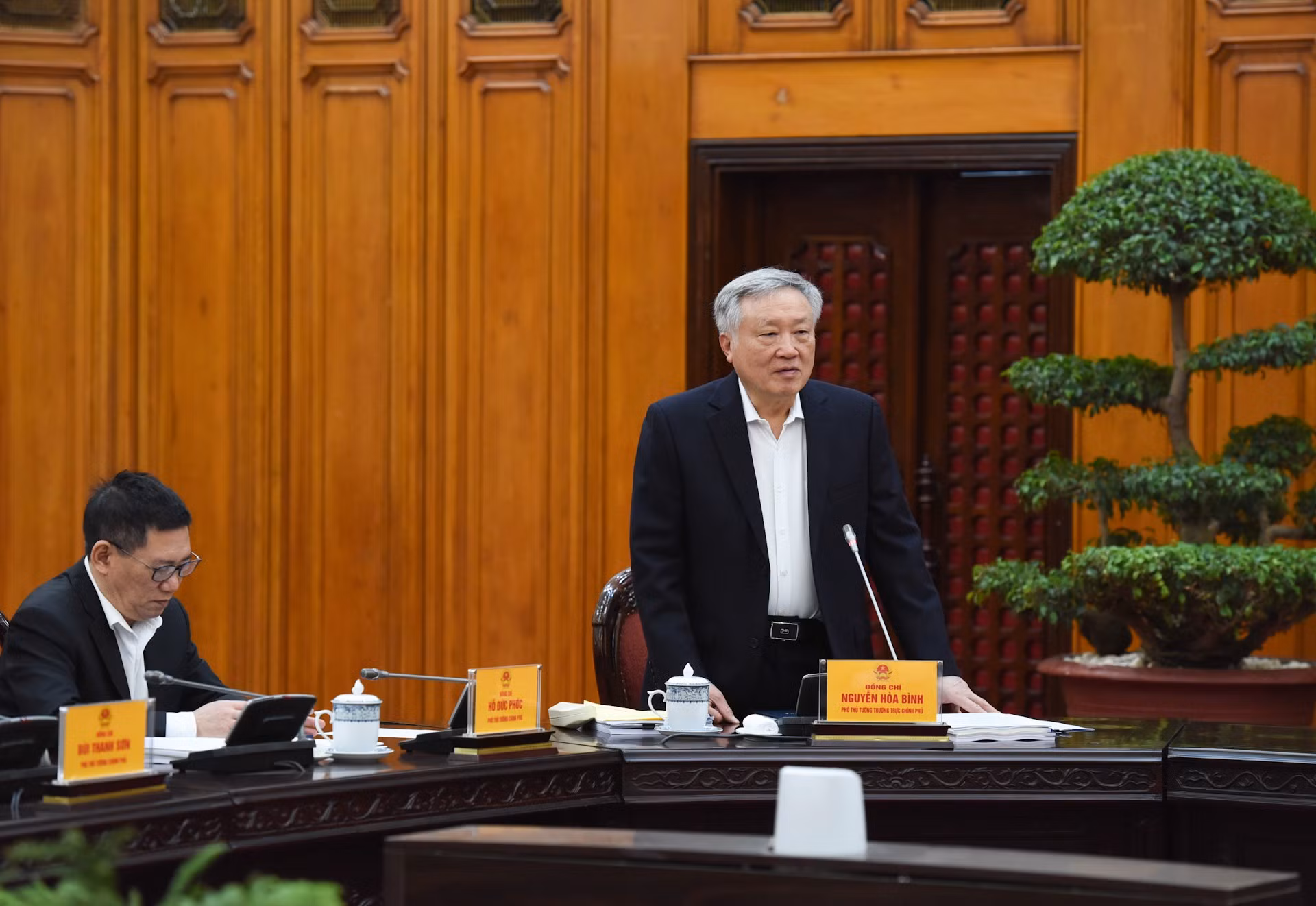 El viceprimer ministro permanente, Nguyen Hoa Binh, interviene en la reunión.