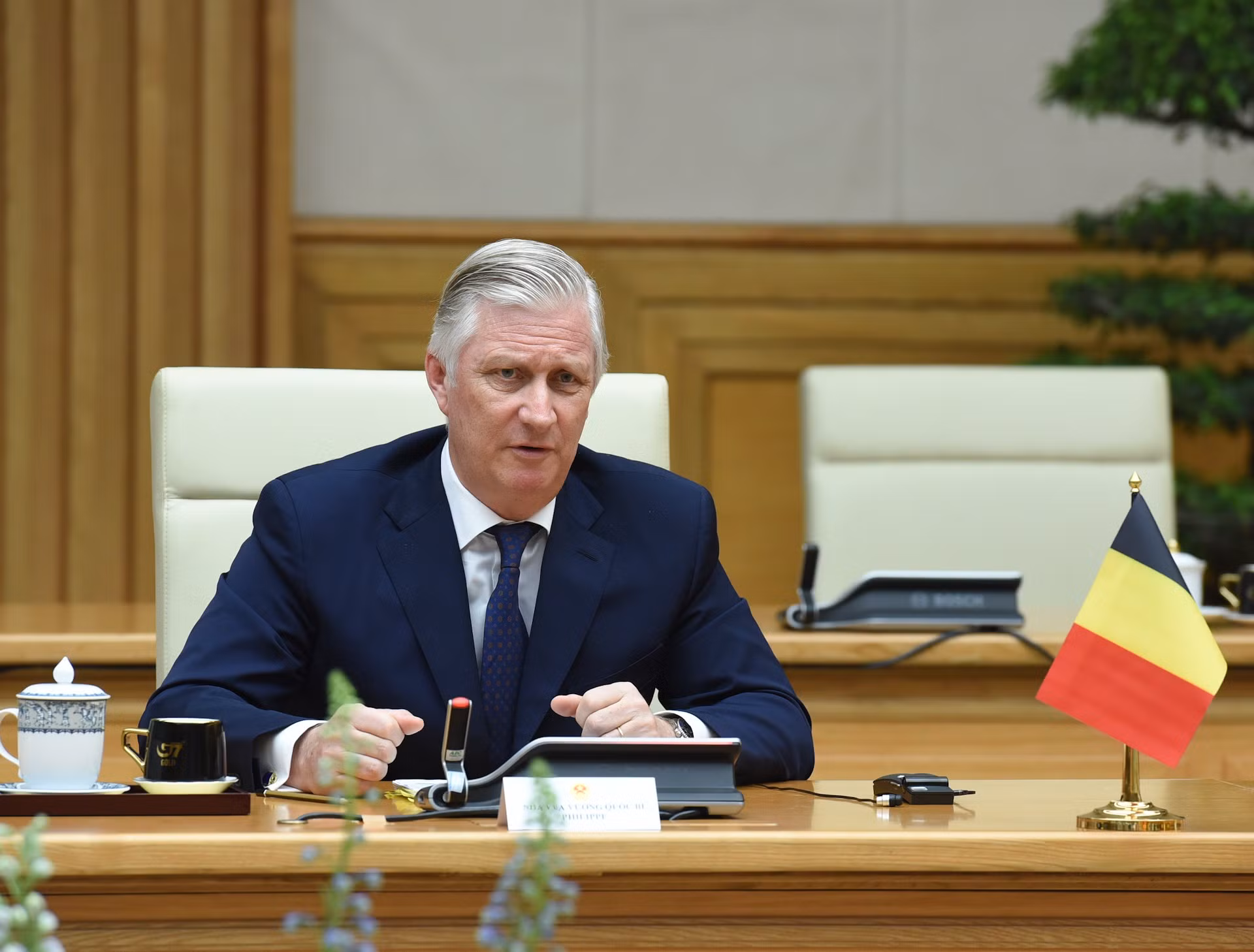 El rey Felipe de Bélgica habla en la cita. El rey Felipe de Bélgica habla en la cita.