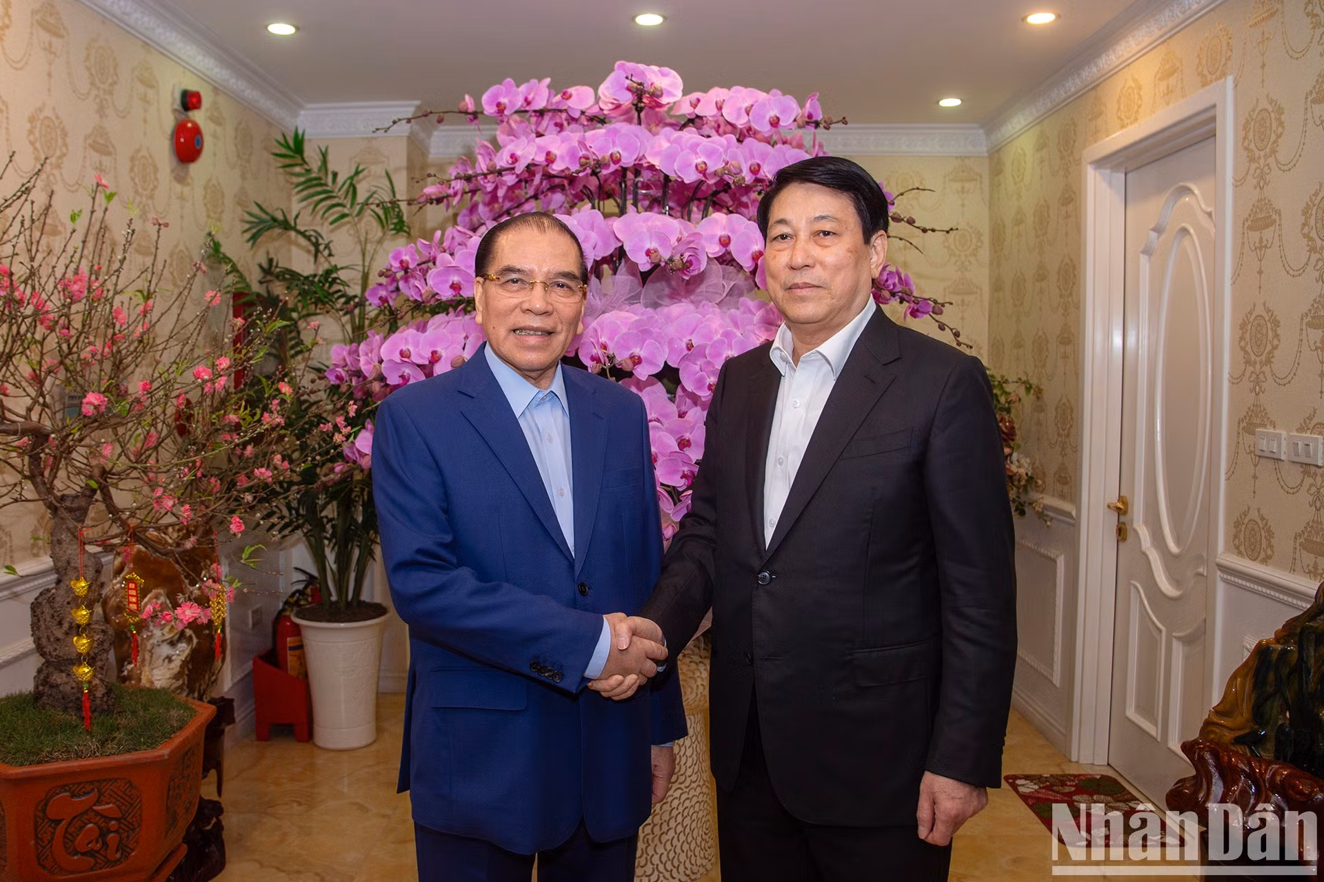 El presidente Luong Cuong visita y le desea un Feliz Año Nuevo al ex secretario general del PCV, Nong Duc Manh.