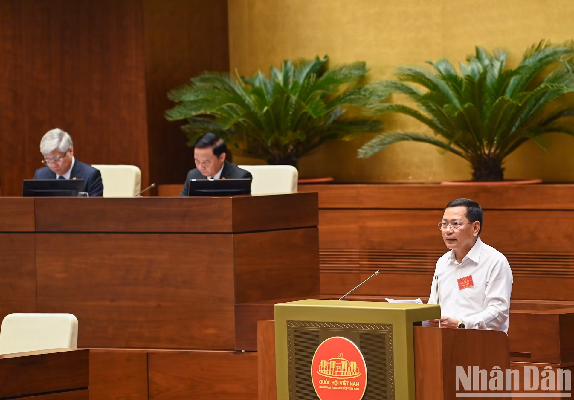 El vicepresidente del Tribunal Popular Supremo Nguyen Van Du presenta una ponencia sobre el despliegue de una resolución de la ANV referente al juicio en línea.