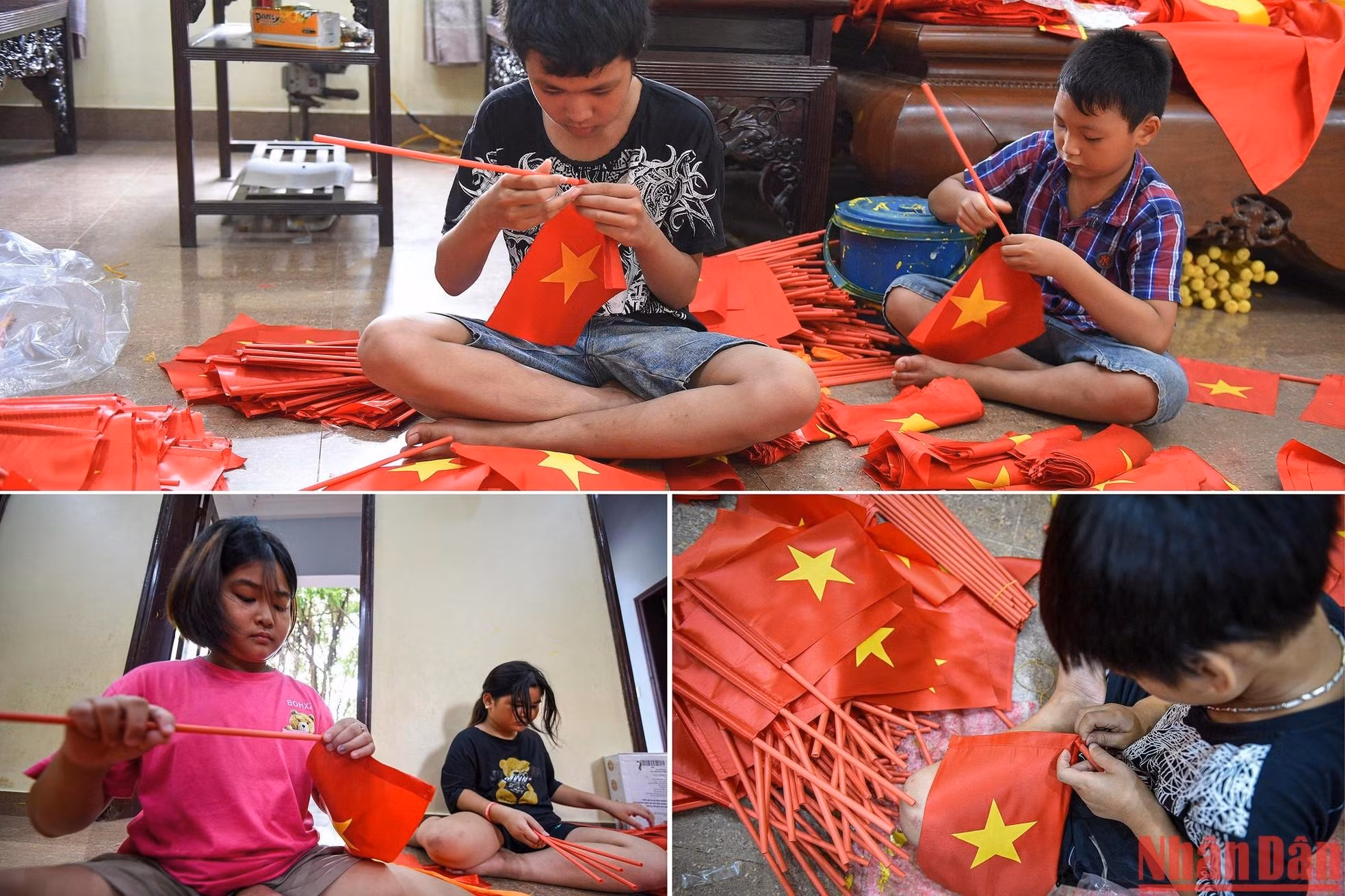 Niños elaborando banderas nacionales de mano, el tipo que suelen sostener los alumnos en el acto de inicio de un nuevo año escolar.