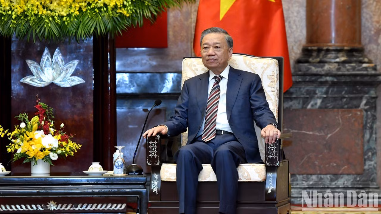 El presidente vietnamita, To Lam, habla en la cita. El presidente vietnamita, To Lam, habla en la cita.