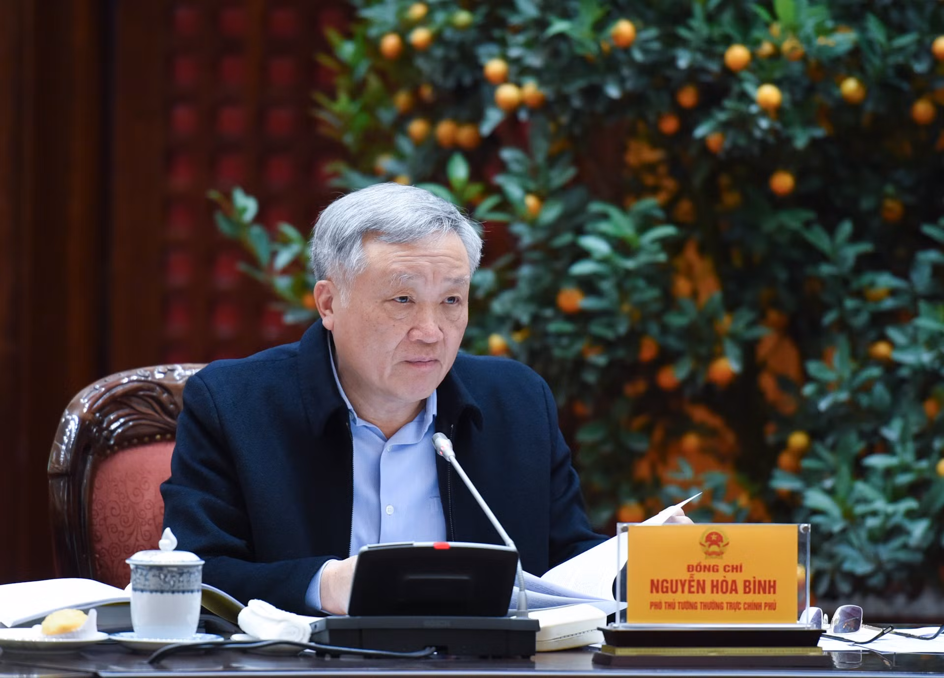 El viceprimer ministro permanente Nguyen Hoa Binh interviene en la reunión.