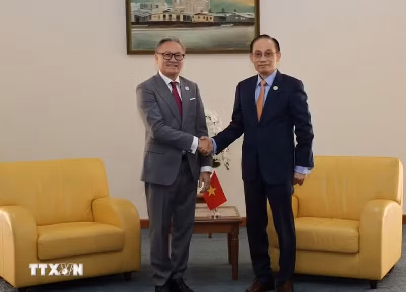 El ministro de Relaciones Exteriores de Vietnam, Le Hoai Trung (derecha), se reúne con el viceprimer ministro y canciller de Laos, Thongsavan Phomvihane. (Foto: VNA)